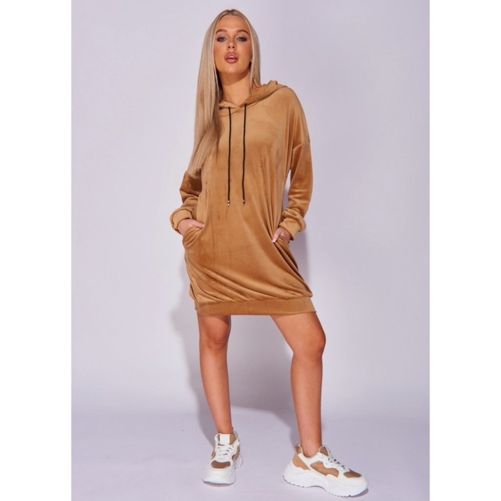 Beige Suede Long Sleeve Hooded Loose Fit Oversized Mini Dress Sweatshirt - Picture 2 of 8